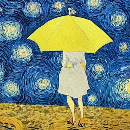 Image similar to girl with an umbrella girl with an umbrella. a walk inside a van gogh painting is a starry night. inside the painting. see everything from the inside. clearly detailed. dramatic.