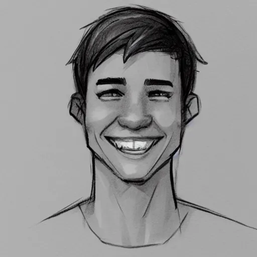 Image similar to sketch of a smiling teenage boy with very short side part hair smiling trending on artstation