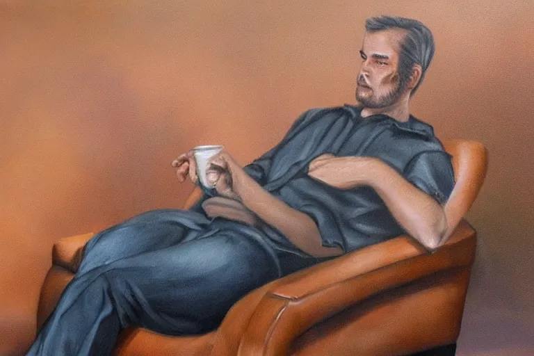 Prompt: a airbrush painting of a caucasian man relaxing on a brown reclined leather chair