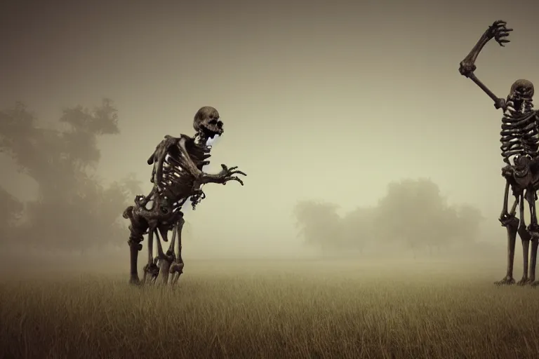 Prompt: a tall humongous terrifying monster made out of bones, standing faraway in the far distance, realism, photo realistic, high quality, misty, hazy, ambient lighting, cinematic lighting, studio quality, scary, dreadful