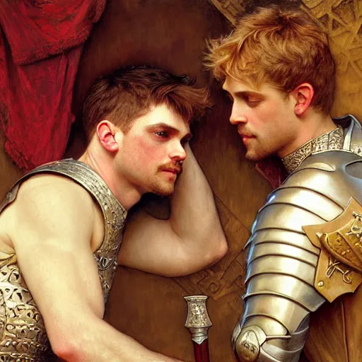 Image similar to attractive arthur pendragon and his attractive male knight, they are in love, natural lighting, path traced, highly detailed, high quality, digital painting, by gaston bussiere, craig mullins, alphonse mucha j. c. leyendecker