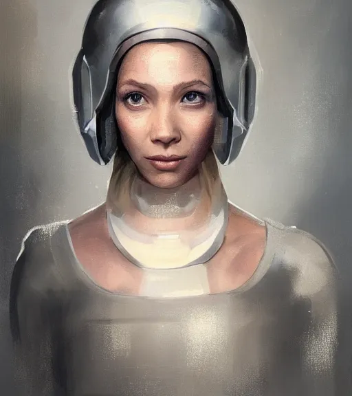 Image similar to portrait of a madeleine mantock 🍑 from the tomorrow people by greg rutkowski, she is about 3 0 years old, slavic, pretty, blond hair with two strans around her face, she is wearing a futuristic space gear, highly detailed portrait, digital painting, artstation, concept art, smooth, sharp foccus ilustration, artstation hq.