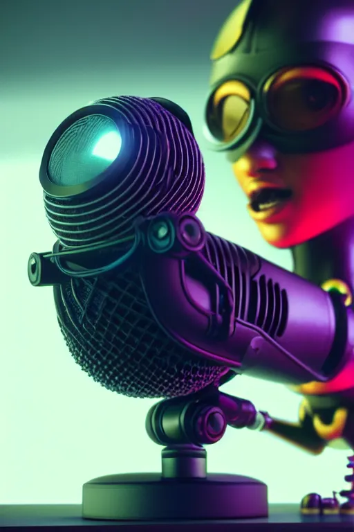 Prompt: high quality 3 d render shure 5 5 s microphone next to very cute cyborg crow!, cyberpunk highly detailed, unreal engine cinematic smooth, in the style of blade runner & detective pikachu, hannah yata charlie immer, moody light, low angle, uhd 8 k, sharp focus