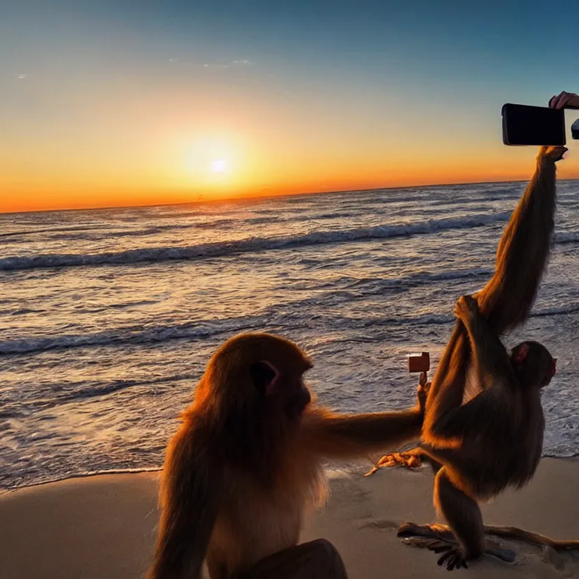 Prompt: a monkey with long hair taking a selfie in the beach while there is a sunset, cinematic, high quality, detailed, realistic