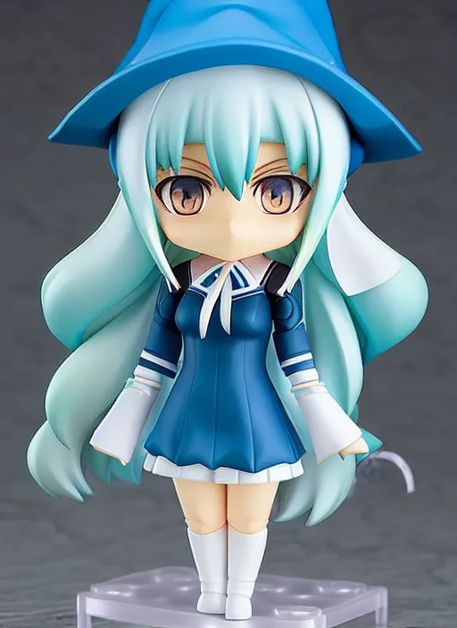 Image similar to nendoroid anime beautiful female witch, very long blue hair, detailed green eyes, pretty symmetrical face, fullbody, white robes blue skirt, anime, nendoroid,