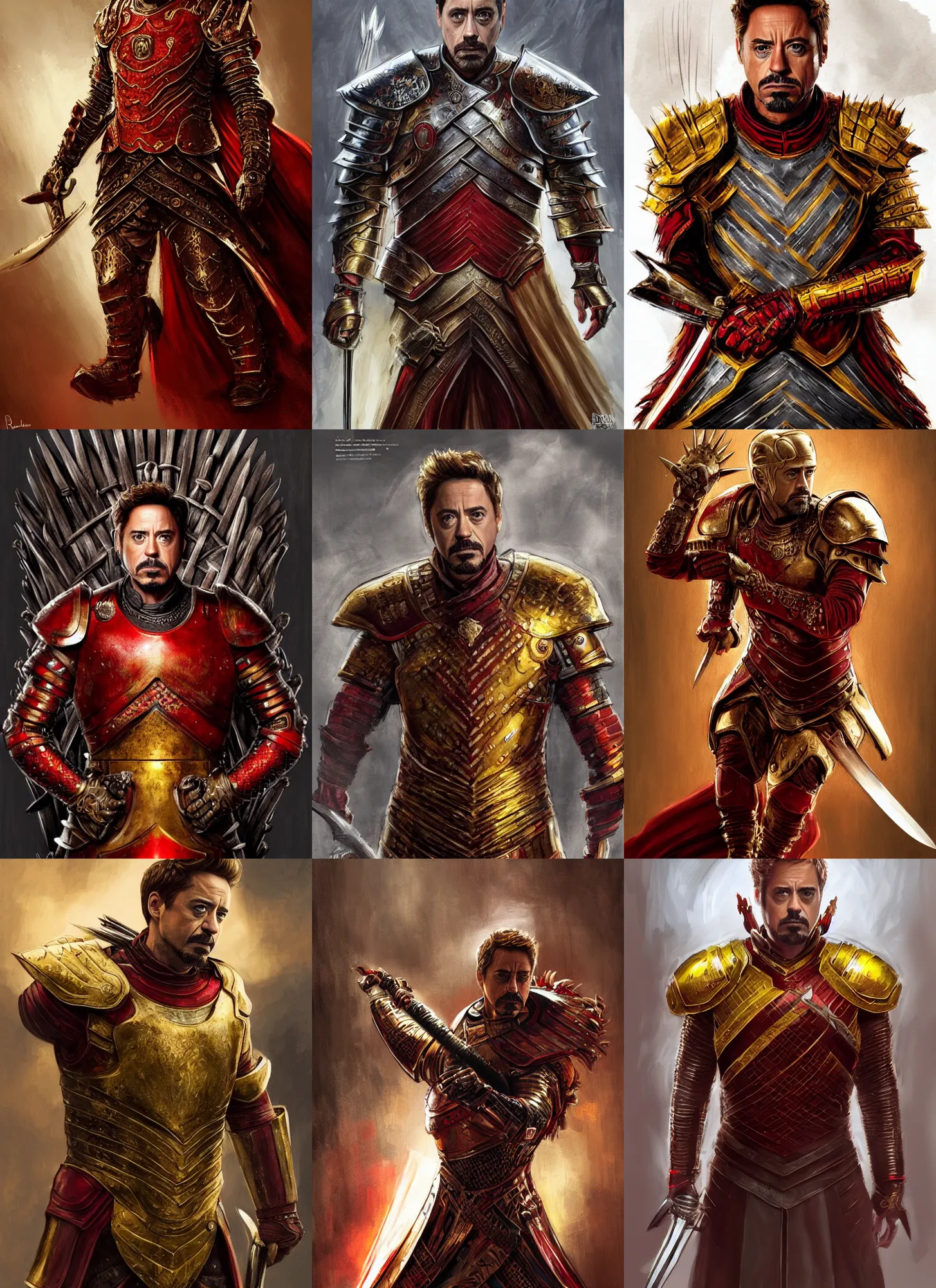 Prompt: robert downey jr wearing red and golden armour, holding sword, game of thrones, intricate, highly detailed, digital painting, concept art, sharp focus, illustration, aleksi briclot, rutkowski