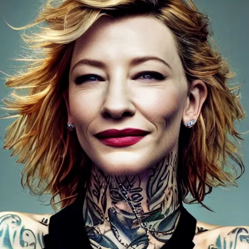 Image similar to full body tattooed cate blanchett, nose ring, 4k