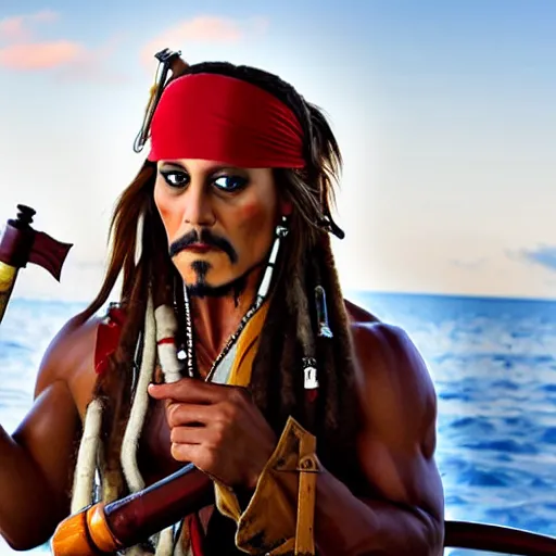 Prompt: captain jack sparrow drinking rum on a ship in the middle of the ocean, sun shining, wide angle, hd