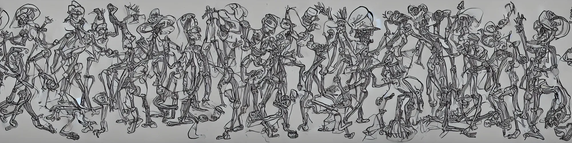 Prompt: a highly detailed line drawing of smurfs dance and long bones