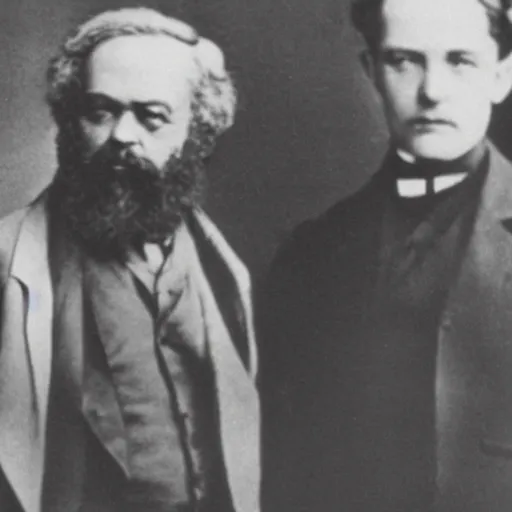 Image similar to Karl Marx and Ayn Rand marrying, wedding photo, 1920, Church altar backround