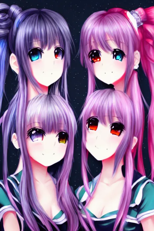 Image similar to two beautiful female idols with twintails facing each other, dark background, detailed anime art
