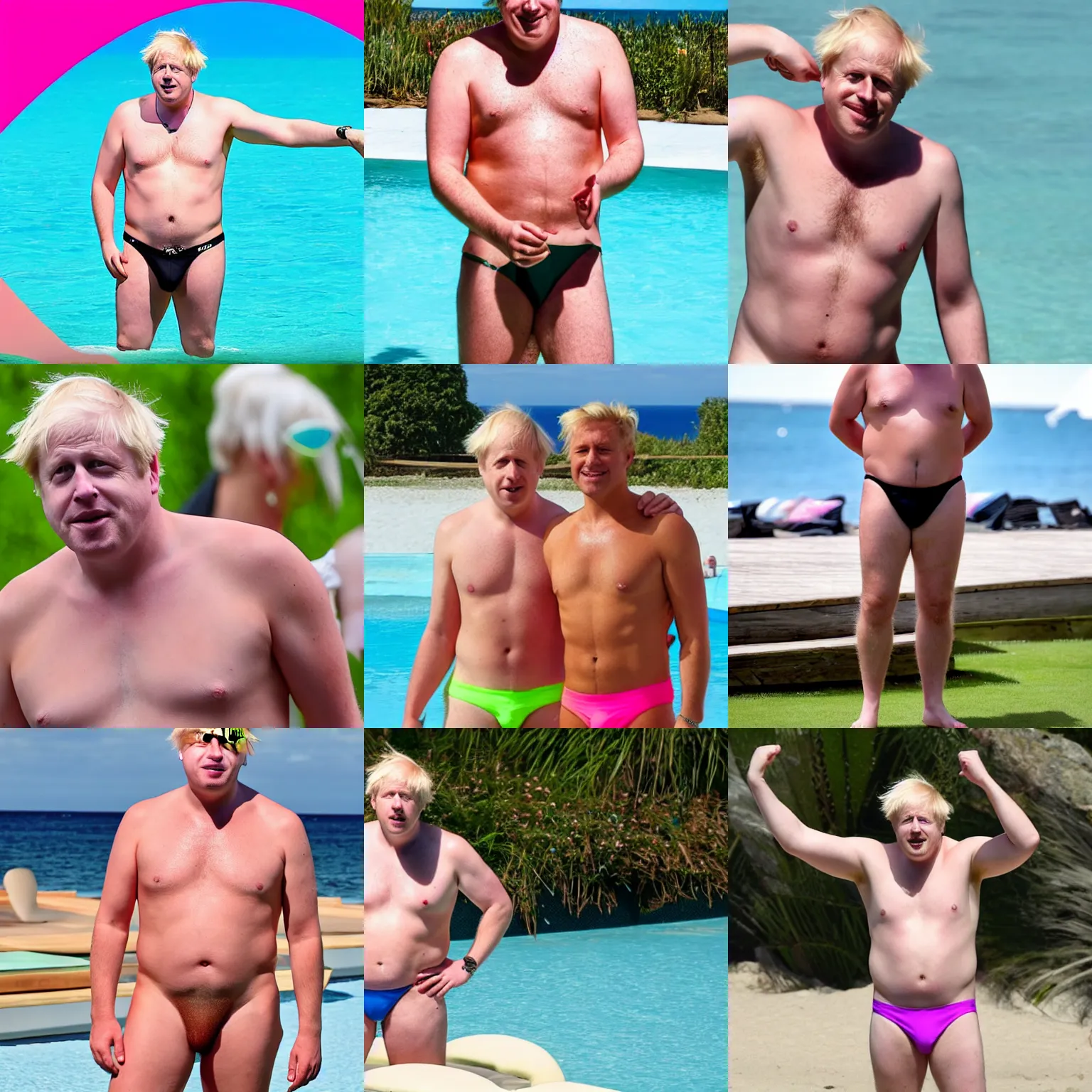 Prompt: Boris Johnson in Speedos on love island neon