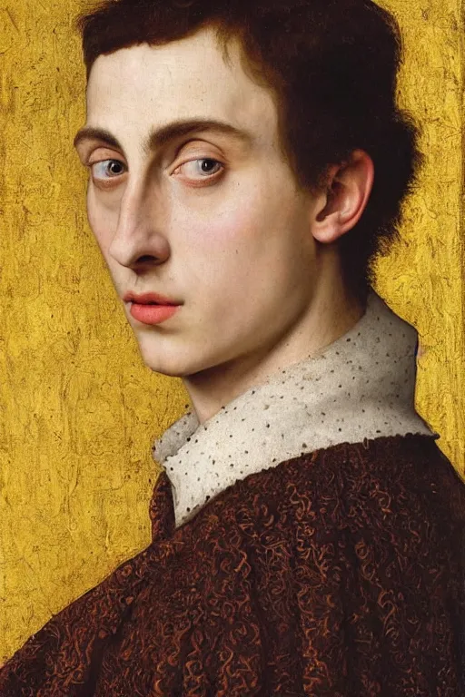 Image similar to portrait of timothee chalamet, oil painting by jan van eyck, northern renaissance art, oil on canvas, wet - on - wet technique, realistic, expressive emotions, intricate textures, illusionistic detail