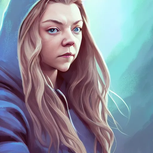 Prompt: portrait of natalie dormer, long silver hair, blue eyes, wearing a hoody, digital painting, 4 k, rays of light, particles light, artstation, kuvshinov ilya, landscape by noah bradley, pixel art