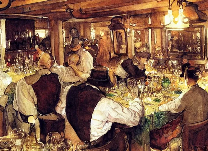 Prompt: gentlemens dinner, cellar, masterpiece, torches on wall, meat, wine, schnapps, watercolor by anders zorn and carl larsson, art nouveau