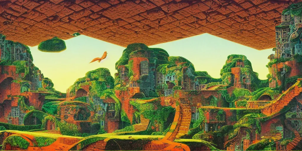 Image similar to isometric perspective, labyrinthine dilapidated prison architecture by mc escher, piranesi and mandelbrot, ricardo bofill. utopian landscape by roger dean. magical realism, colourful warm colours, surrealism, waterfalls, trending on artstation, shot from below,