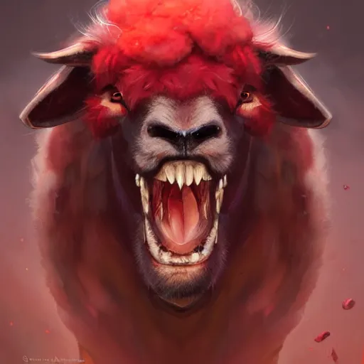 Image similar to A sheep with red whool and pointy Vampire teeth by Stanley Artgerm Lau, WLOP, Rossdraws, James Jean, Andrei Riabovitchev, Marc Simonetti, and Sakimichan, trending on artstation