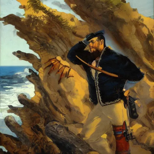 Prompt: stout cortez with eagle eyes stared at the pacific and all his men looked at each other with a wild surmise silent, upon a peak in darien, by jean deville, by marc davis, oil on canvas