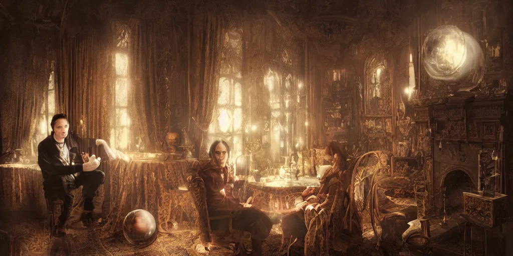 Prompt: Frank Dillane with a crystal ball conducting a seance, intricate, digital painting, old english, victorian, sepia, whimsical background by marc simonetti, artwork by liam wong