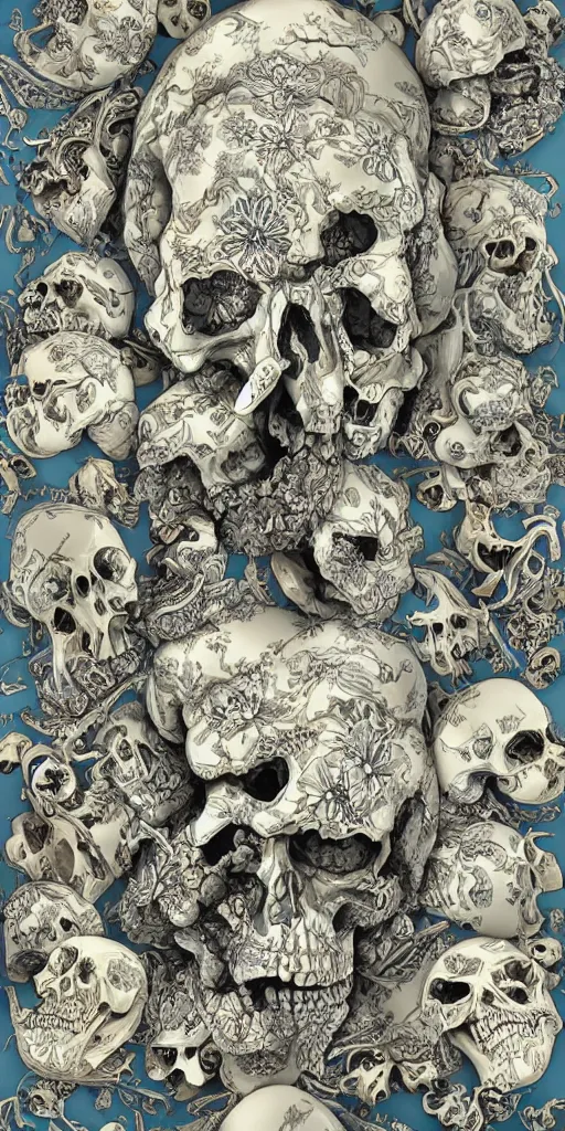 Image similar to infinite fractal complexity, skulls, smurf, sycamore, porcelain, 8k, intricate insane detail, 8k, style of Salvador dali