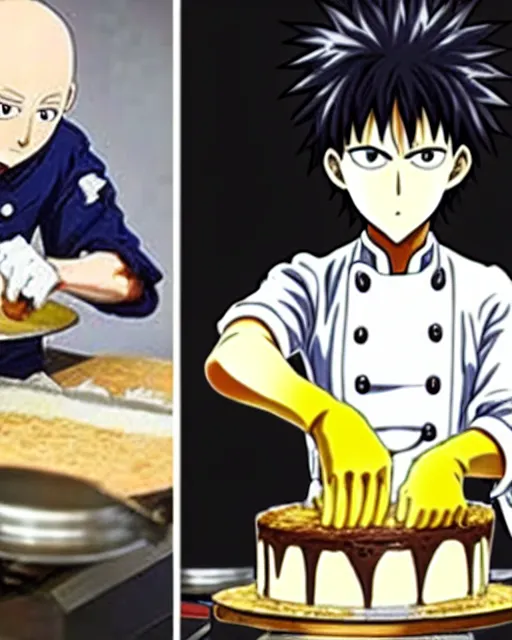 Prompt: chef saitama one punch man, dressed as a pastry chef, fiercely focused at making a cake, beautiful anime artwork