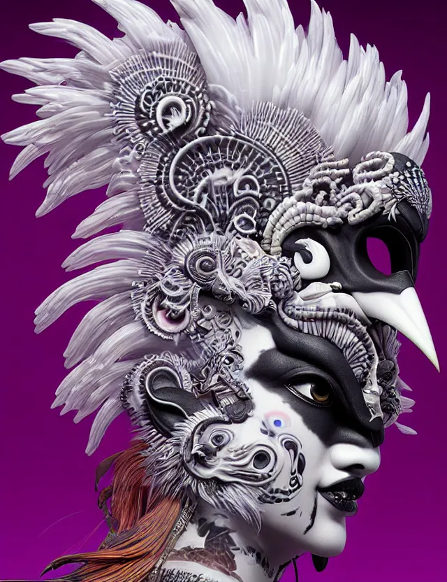 Image similar to 3 d photo realistic goddess close - up profile portrait punk with mohawk with ram skull. beautiful intricately detailed japanese crow kitsune mask and clasical japanese kimono. betta fish, jellyfish phoenix, bio luminescent, plasma, ice, water, wind, creature, artwork by tooth wu and wlop and beeple and greg rutkowski