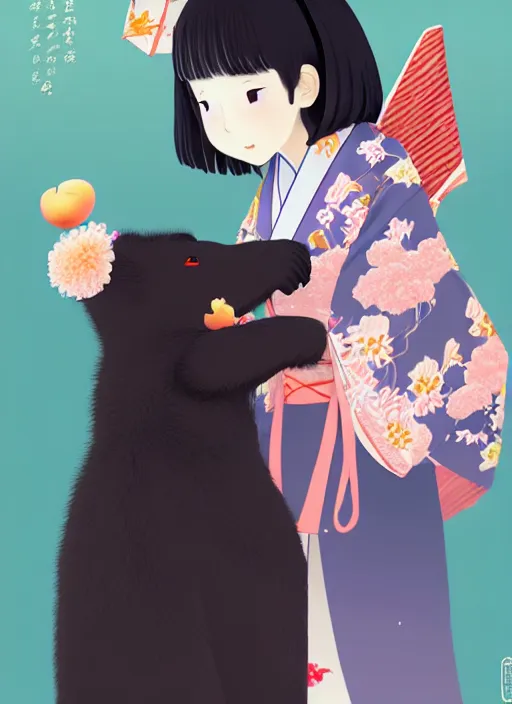 Prompt: a girl wearing a kimono giving a peach to a large anthropomorphic asian black bear, anime art, featured in artstation, artgerm, award winning, cinematic, elegant, intricate, 8 k, in the style of heikala and timothy kong and laia lopez and viorie,