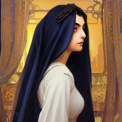 Image similar to ameera al taweel, bright blue eyes, long wavy black hair, white veil, front , highly detailed, digital painting, artstation, concept art, smooth, sharp focus, illustration, ArtStation, art by artgerm and greg rutkowski and alphonse mucha and J. C. Leyendecker and Edmund Blair Leighton