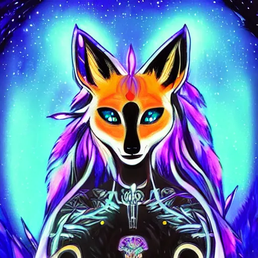 Prompt: a stylized blacklight neon black velvet painting of an bipedal fox with a skull for a face, hummingbird feathers for fur, themed around death and astronomy, in the style of dnd beyond avatar portraits, beautiful, artistic, elegant, lens flare, magical, lens flare, nature, realism, stylized, art by hayou miyazaki