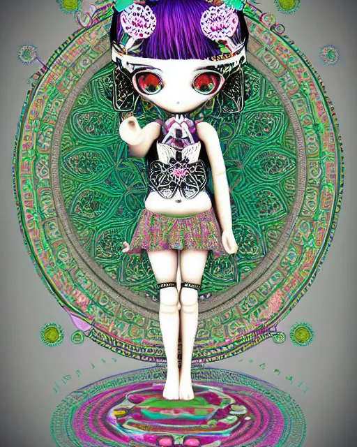 Image similar to fractal mandala funny nendroid nendroid girl very funny joy emoji psy trip ghost color an ancient white bone and emerald gemstone relic, intricate engraving concept art style