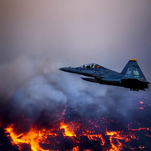 Prompt: landscape photograph of a fighter jet flying, over a destroyed smoking burning city, color, reflections, motion blur, atmospheric, award winning photo