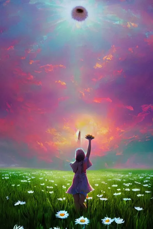 Image similar to giant white daisy flower as face, girl dancing in a flower field, surreal photography, sunrise, dramatic light, impressionist painting, colorful clouds, digital painting, artstation, simon stalenhag