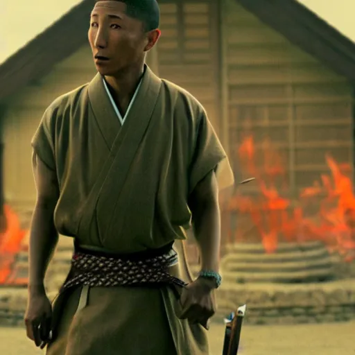 Image similar to cinematic film still Pharrell Williams starring as a Samurai holding fire, Japanese CGI, VFX, 2003, 40mm lens, shallow depth of field,film photography