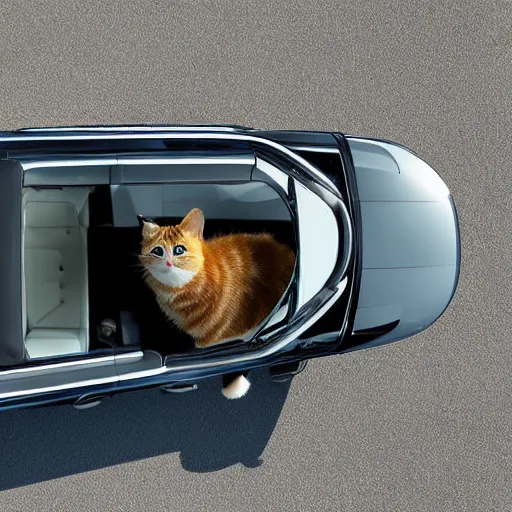 Image similar to cat sitting in driver seat of a cabriolet, golden hour, top view, car chase, golden ratio