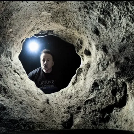 Prompt: photo inside a cavern of a wet reptilian humanoid rapper elon musk partially hidden behind a rock, with black eyes, open mouth and big teeth