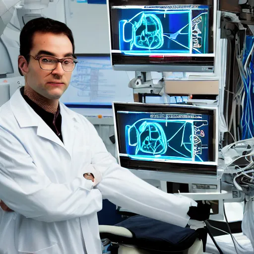 Image similar to long shot portrait of a human flat on back during robotic surgery, artificially embellished with computer circuitry, wires, and devices, small displays with vital readings and graphs crowd the operating room, semi - opaque skin, piercing glare in the eyes, confused, dark bokeh in background, light from top right, diverse textures