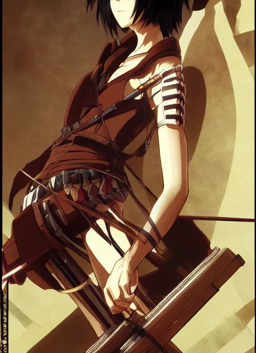 Prompt: mikasa ackerman, attack on titan, majestic, very detailed, smooth render, illustration, art style by shigeru miyamoto and Alphonse Mucha