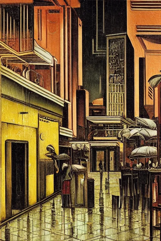 Image similar to empty cafes on a rainy night in a cyberpunk city street by giorgio de chirico