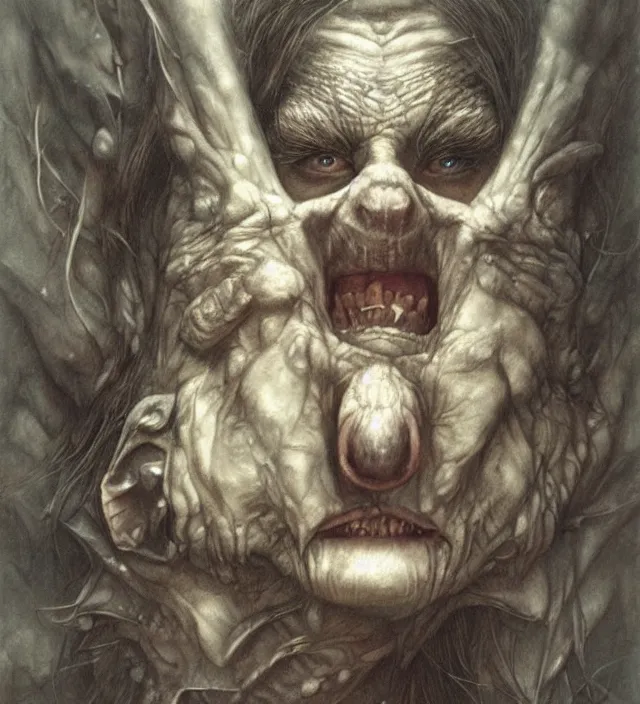 Image similar to hyper realistic portrait of goblin, cinematic, symmetric, dark crystal, alan lee, jean baptiste monge, brian froud scott radke