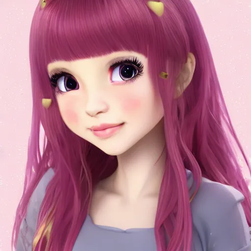 Image similar to Render of Nikki from Shining Nikki Dress-Up Game, a cute 3D young woman, long light pink hair, full bangs, full round face, hazel amber eyes, pale skin, cute freckles, light blush, Chinese heritage, smiling softly, wearing casual clothing, interior lighting, cozy living room background, medium shot, mid-shot, hyperdetailed, trending on Artstation, Unreal Engine 4k