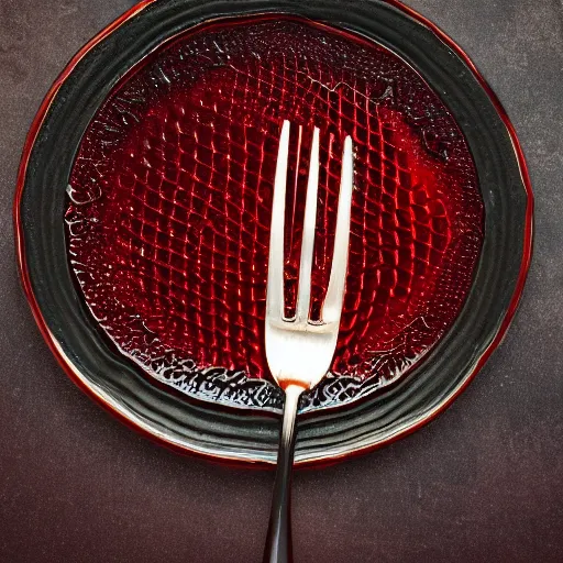 Image similar to a photorealistic fork in the crimson-black honeycomb, dripping honey, professional food photography, Movie Still, Triadic color grading.