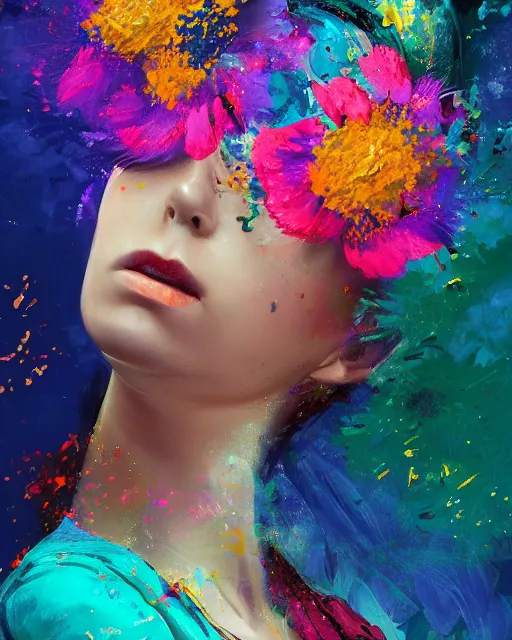 Image similar to portrait of Ewa Reis , colorful clothes, bright colors, silver filigrees, flowers, brushwork, Golden embers flying,vivid color.digital 2D, painterly style, cinematic matte Illustration,trending on pixiv and artstation.Fantastic depth-of-field effect in Bacnground,by Wlop,Mika Pikazo，Yoneyama Mai，Makoto Shinkai, VOFAN