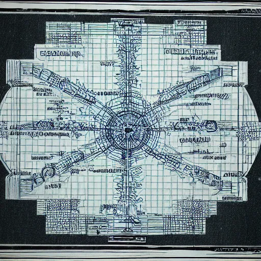 Image similar to blueprint diagram schematic of arcane eldritch mystical magic