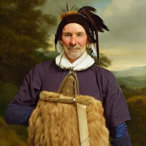 Image similar to a portrait of a Scottish laird, wearing a bonnet with a golden eagle feather.