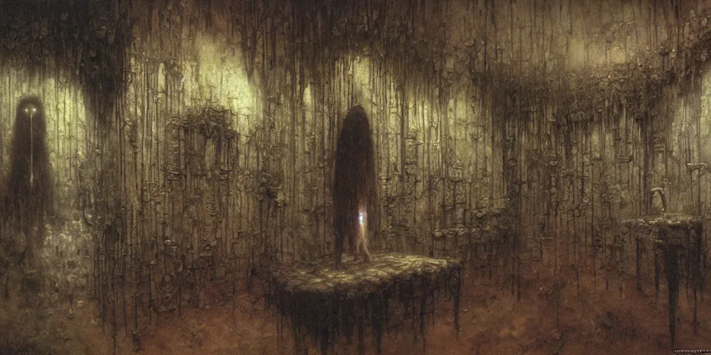 Prompt: detailed room of alchemist by Beksinski, Luis Royo