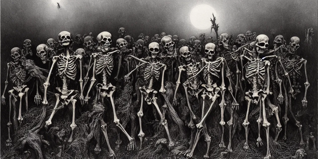 Image similar to satanic skeleton gang emerge from the cemetery on a dark night by zdzisław beksinski and gustave dore and alphonse mucha