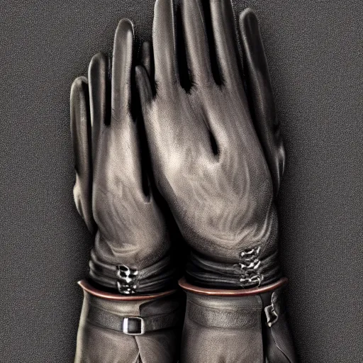 Prompt: gloves with metal claws, old leather gloves with attached talons, pointy fingertips, dark background, highly detailed, 8 k, trending on artstation, mystic, rpg artwork, by peter jackson, by sauron