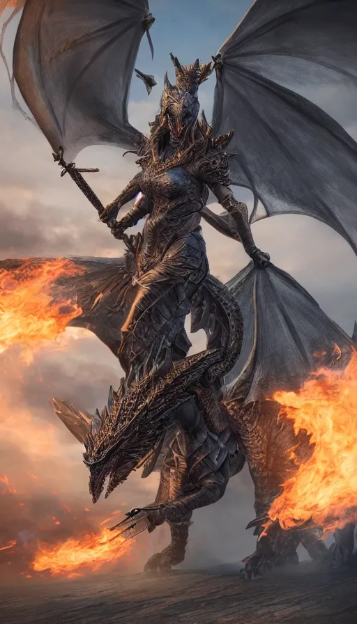 Prompt: photo of a Valkyrie in full armor riding a menacing looking fire breathing dragon, highly detailed, 8K, remove watermarks.