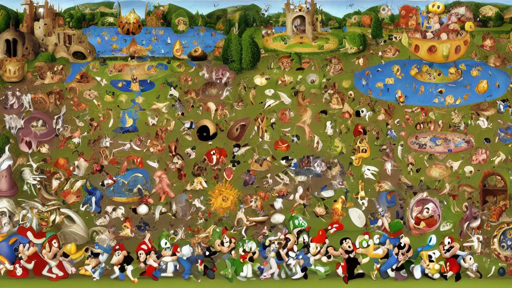 Prompt: garden of earthly delights. super mario. luigi. goomba. power up. digital painting. digital render. hieronymus bosch