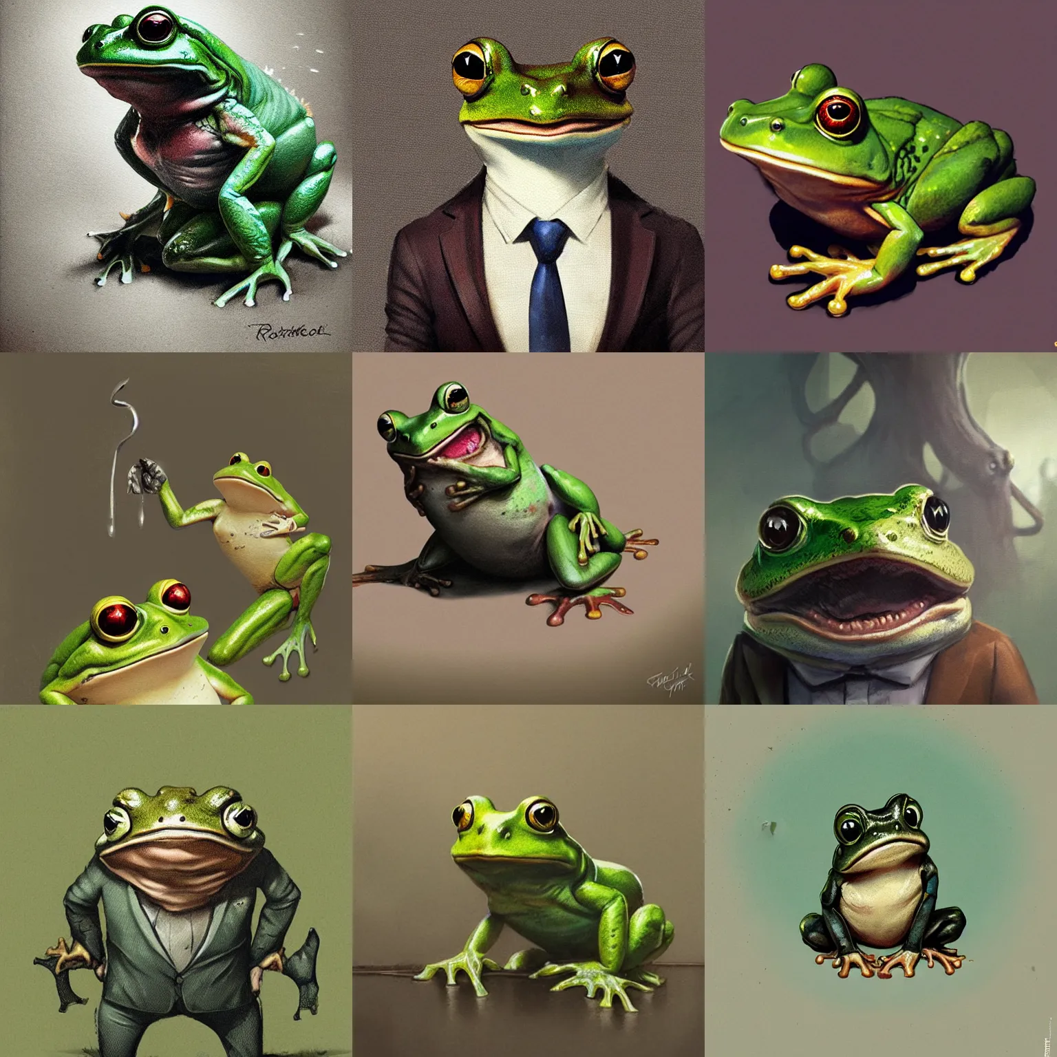 Prompt: cute antropomorphic frog in suit illustration by greg rutkowski
